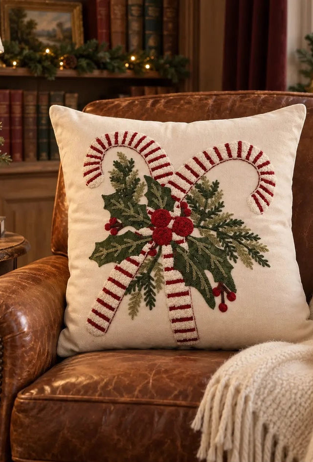 Cream cushion with embroidered red candy canes and festive foliage on a brown leather armchair beside a soft throw