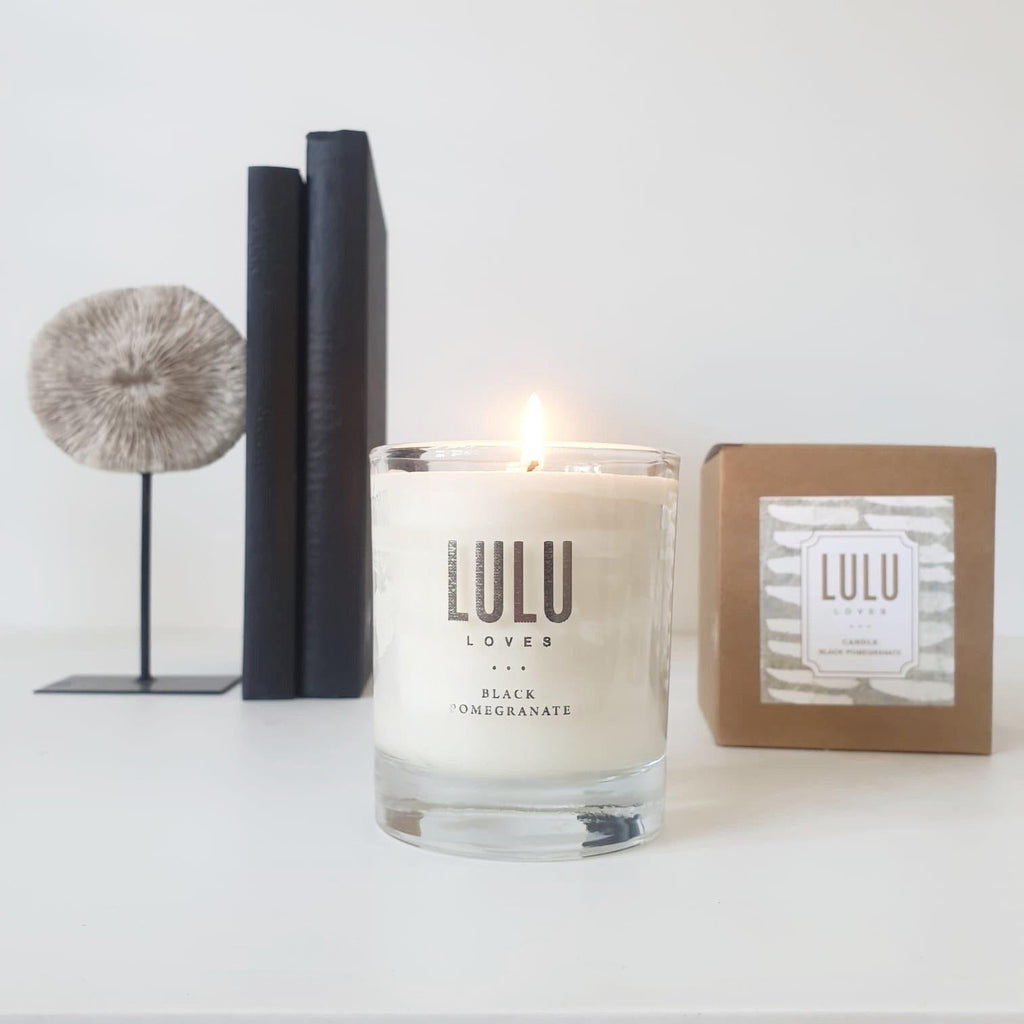 Luxury Black Pomegranate Fragranced Soya Glass Candles | Lulu Loves Home