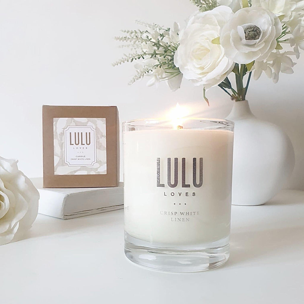 Crisp White Linen Luxury Fragranced Soya Glass Jar Candles | Lulu Loves Home