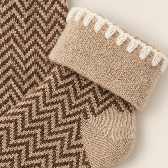 Cosy Cuff Socks - Beige Herringbone