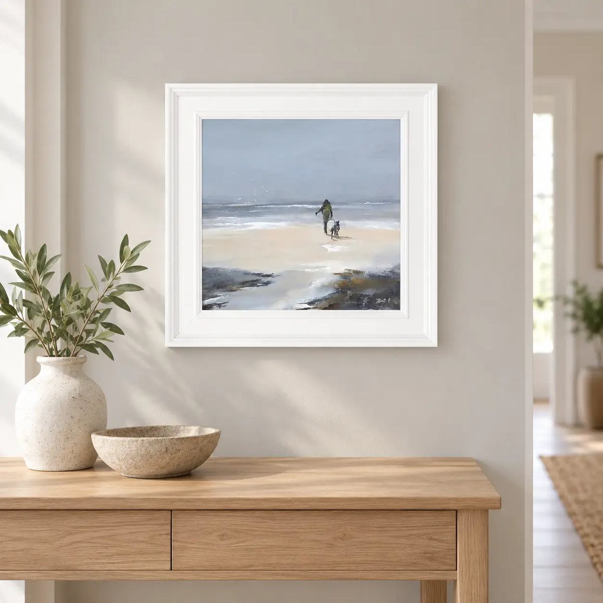 Artko Beach Walk I small framed coastal wall art styled above an oak console