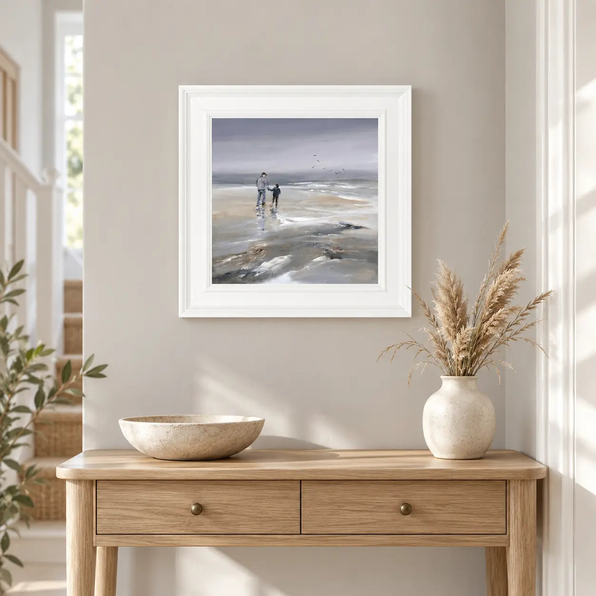 Artko Beach Walk II small framed coastal wall art styled above an oak console
