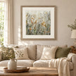 Artko Blossom large framed floral canvas styled above a neutral sofa