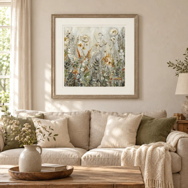 Artko Blossom large framed floral canvas styled above a neutral sofa