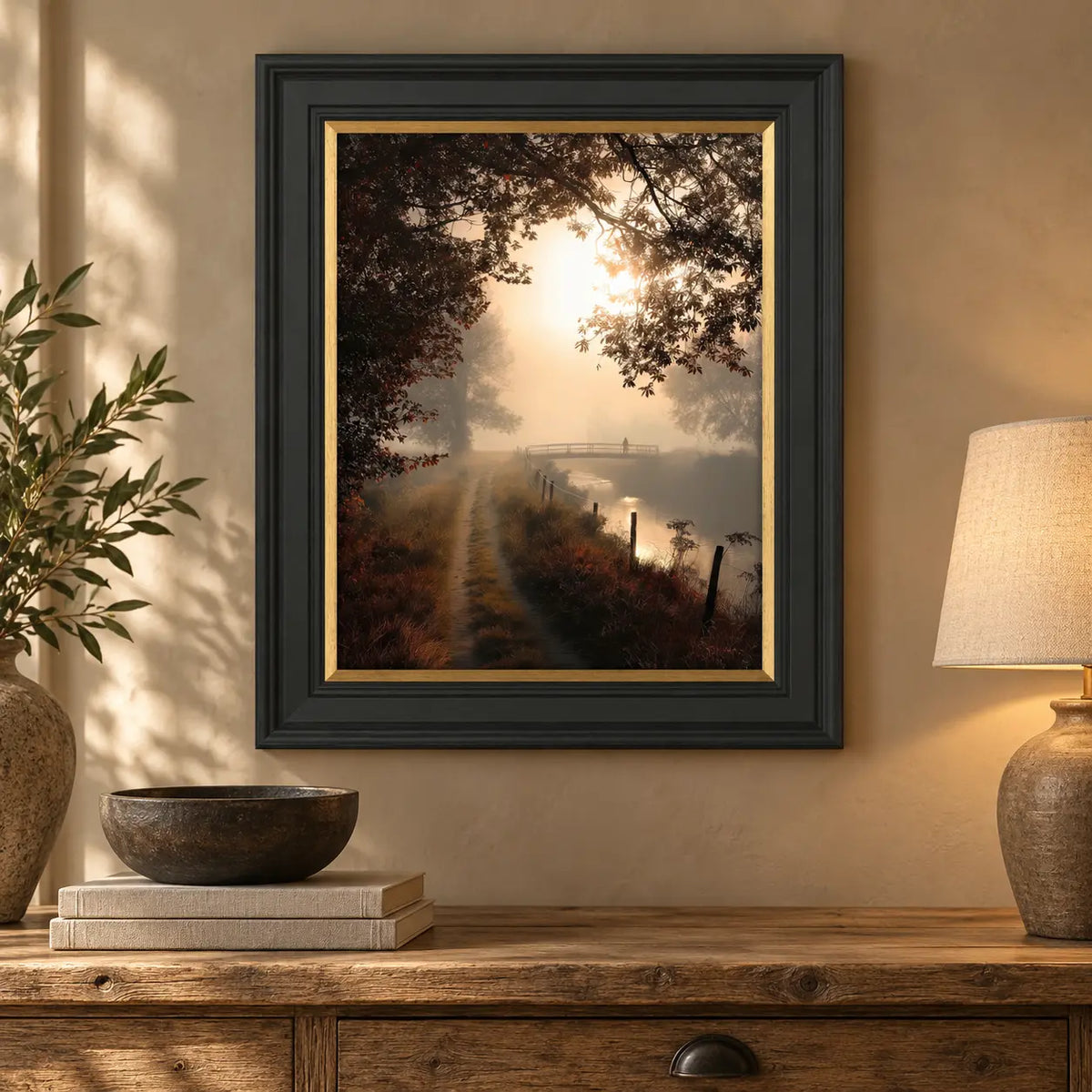 Artko Falling Light II framed woodland wall art styled above an oak console