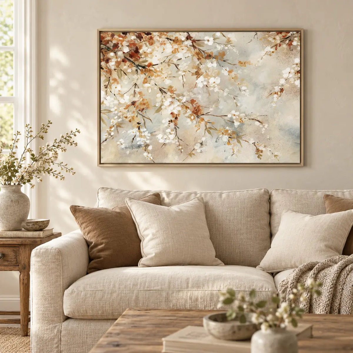Artko New Beginnings extra-large floral canvas styled above a neutral linen sofa