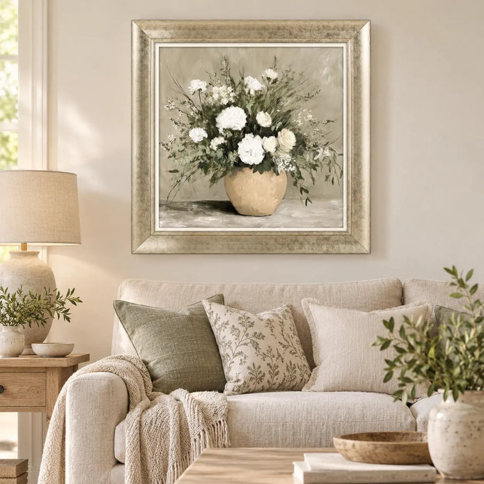 Artko Verdant Bouquet framed floral wall art styled above a neutral sofa