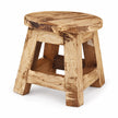 Rustic Farmhouse Wooden Mini Stool in Natural Pine, showing its round top and splayed legs against a white background.