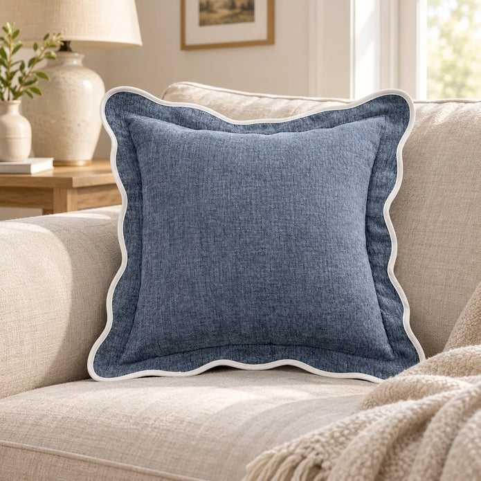 Light blue and white scalloped cushion cover by Starlight Express, soft furnishing for sofa decor.