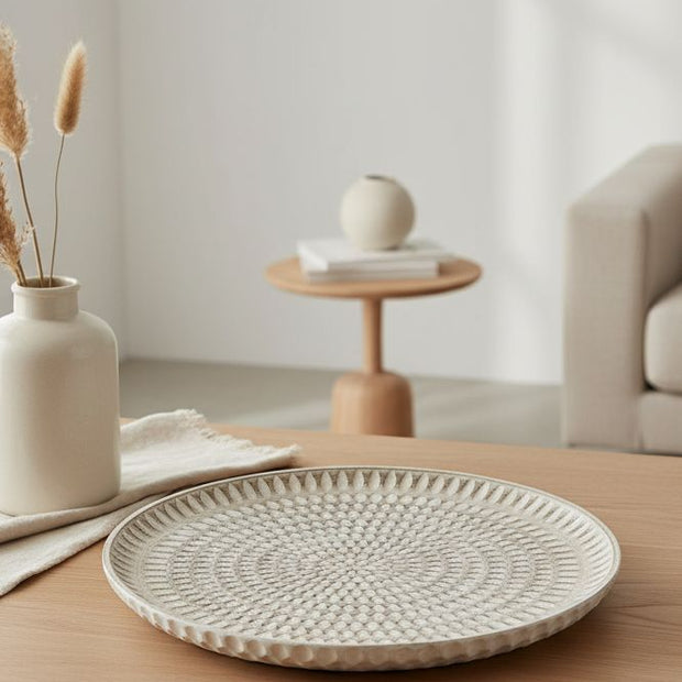 Rattan effect wooden round tray by Heaven Sends, ideal for home decor display, with a natural woven finish and sturdy wooden base.
