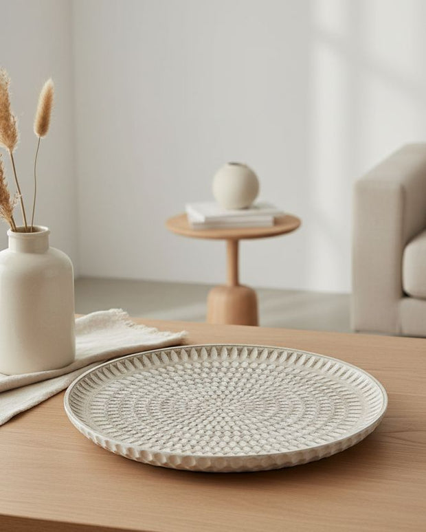 Rattan effect wooden round tray for home decor, featuring a natural finish and stylish design by Heaven Sends.