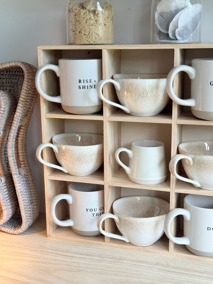 Wooden mug display shelf unit from Starlight Express, ideal for kitchen and dining room organization and decor.