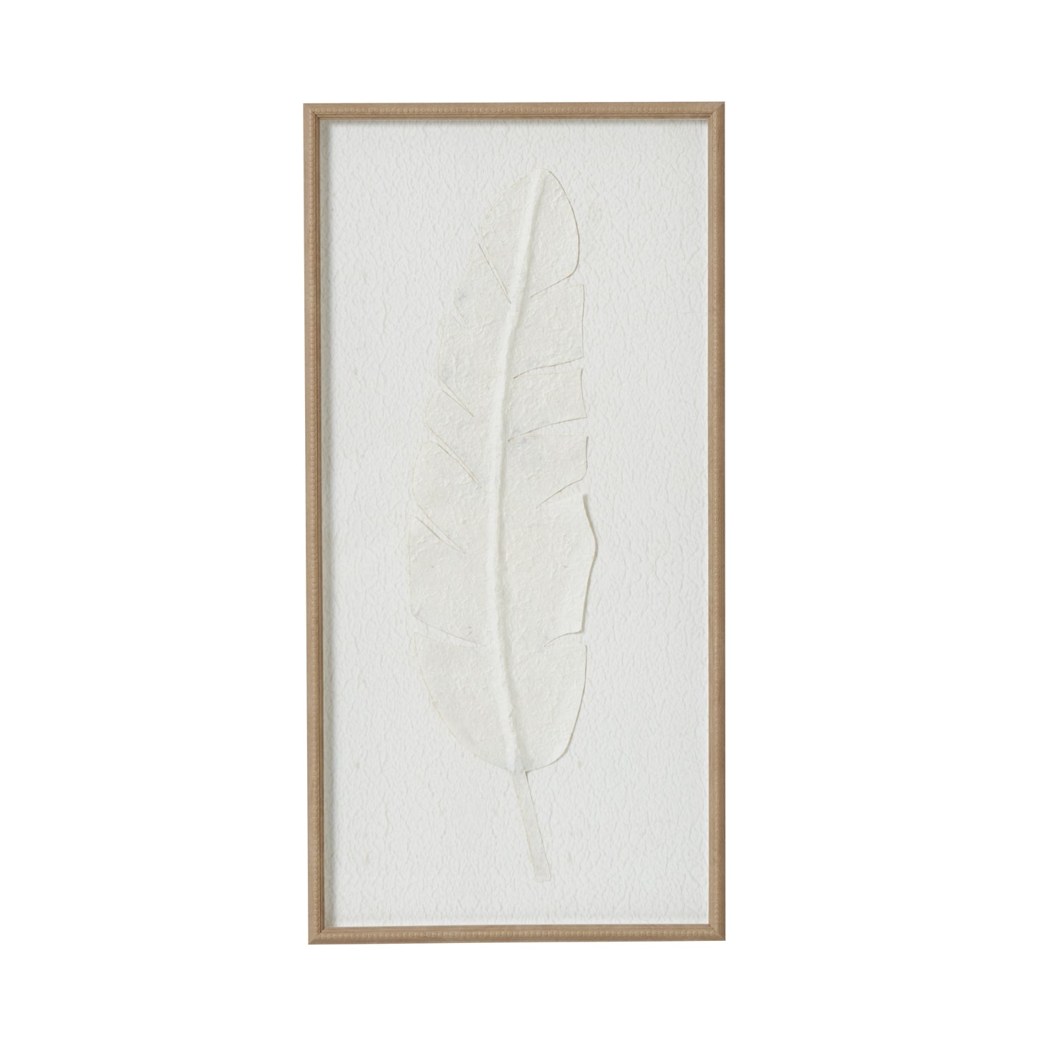 Large white feather print wall art in frame by Hill Interiors, featuring a soft feather design on a white background.