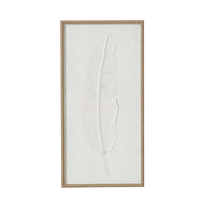 Large white feather print wall art in frame by Hill Interiors, featuring a soft feather design on a white background.