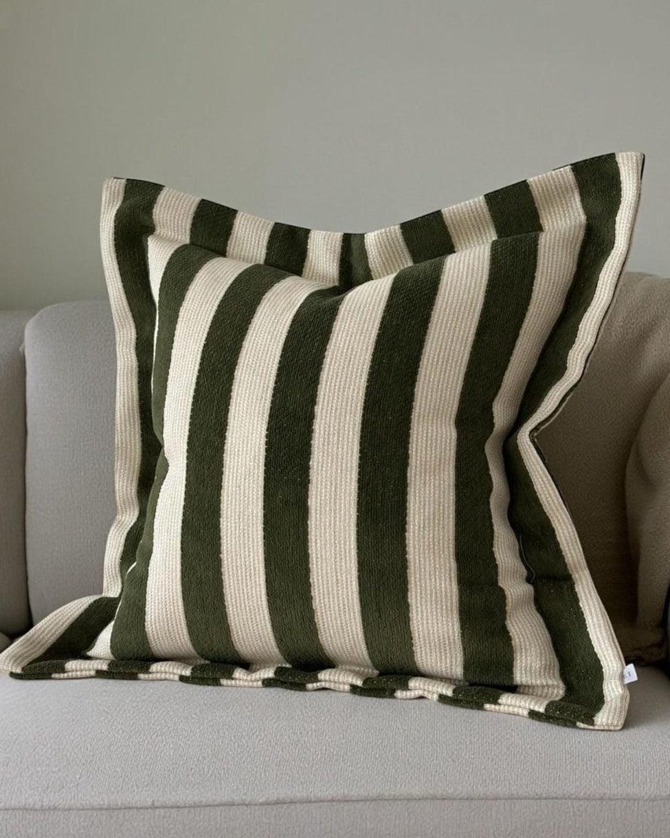 Olive green striped cushion cover from Ellenvale Trade soft furnishings collection, featuring a stylish and textured fabric design.