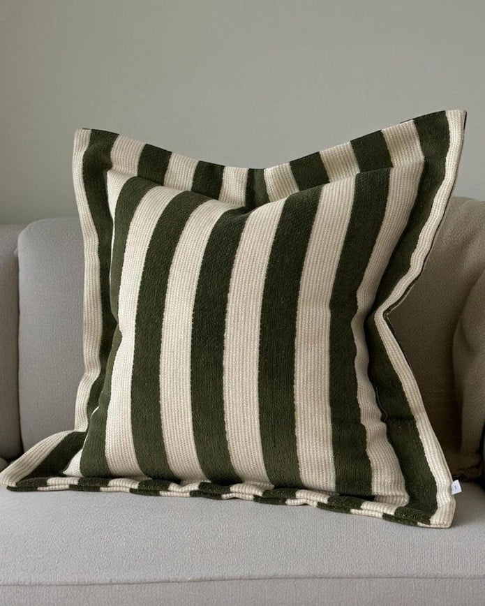 Olive green striped cushion cover from Ellenvale Trade soft furnishings collection, featuring a stylish and textured fabric design.