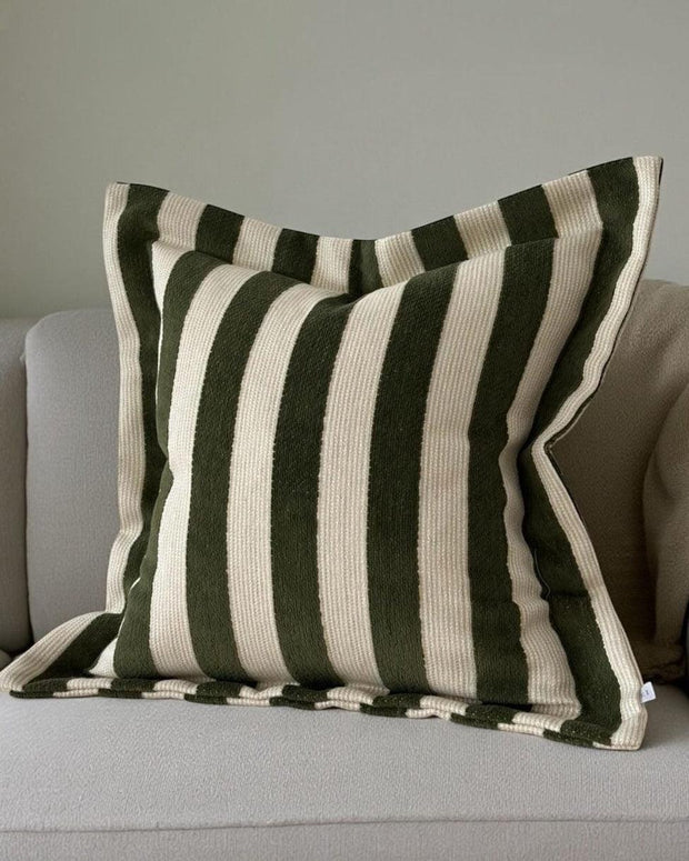 Olive green striped cushion cover from Ellenvale Trade soft furnishings collection, featuring a stylish and textured fabric design.