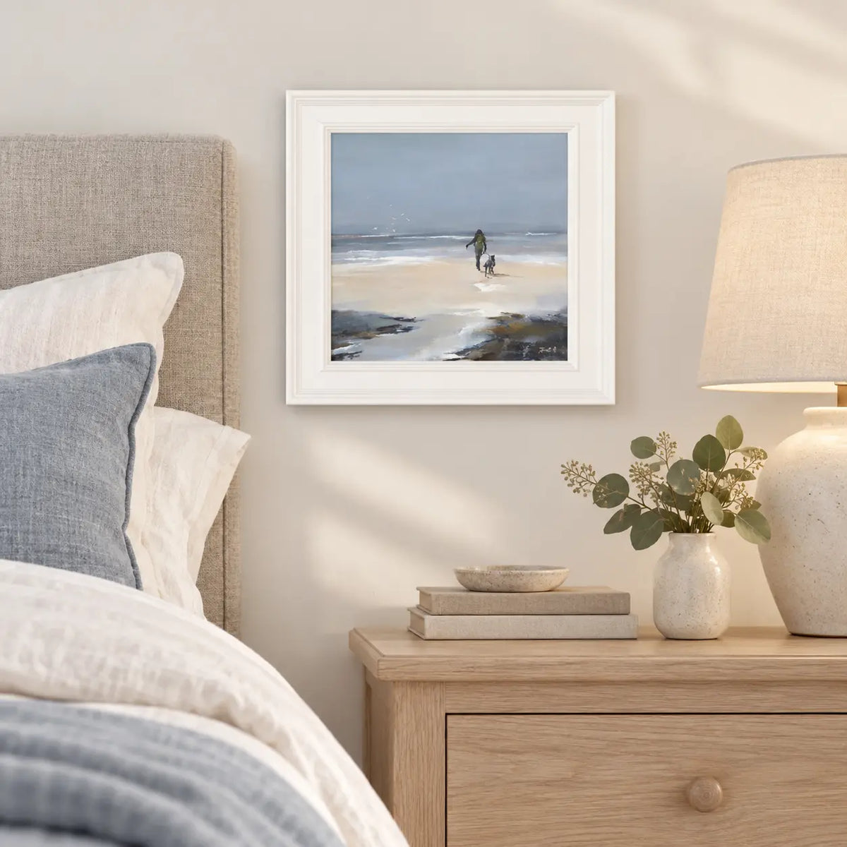 Artko Beach Walk I small framed coastal wall art styled in a bedroom