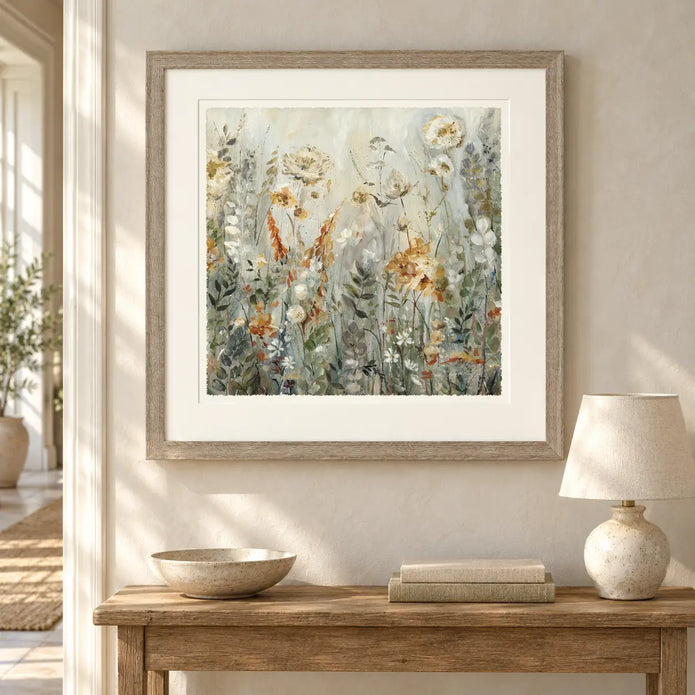 Artko Blossom large framed floral canvas styled above an oak console table