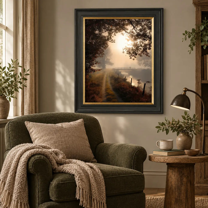 Artko Falling Light II framed woodland wall art styled in a reading nook
