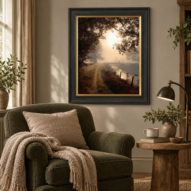 Artko Falling Light II framed woodland wall art styled in a reading nook