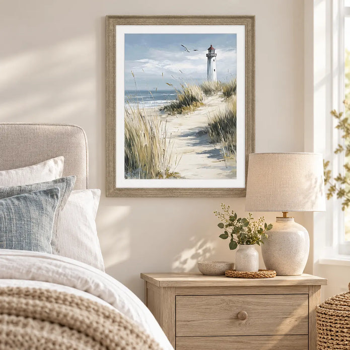 Artko Harbour Watch Lighthouse framed coastal wall art styled in a bedroom
