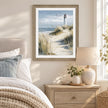 Artko Harbour Watch Lighthouse framed coastal wall art styled in a bedroom