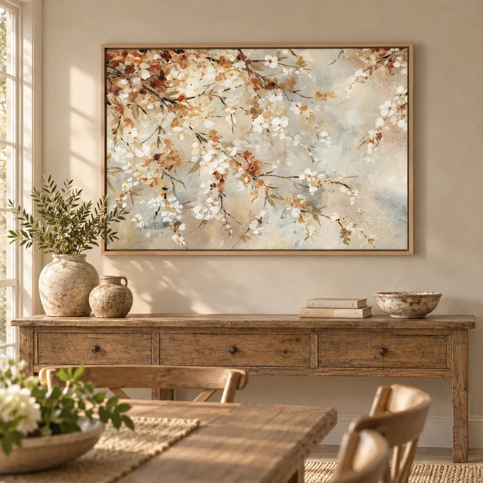 Artko New Beginnings framed canvas displayed above an aged oak console