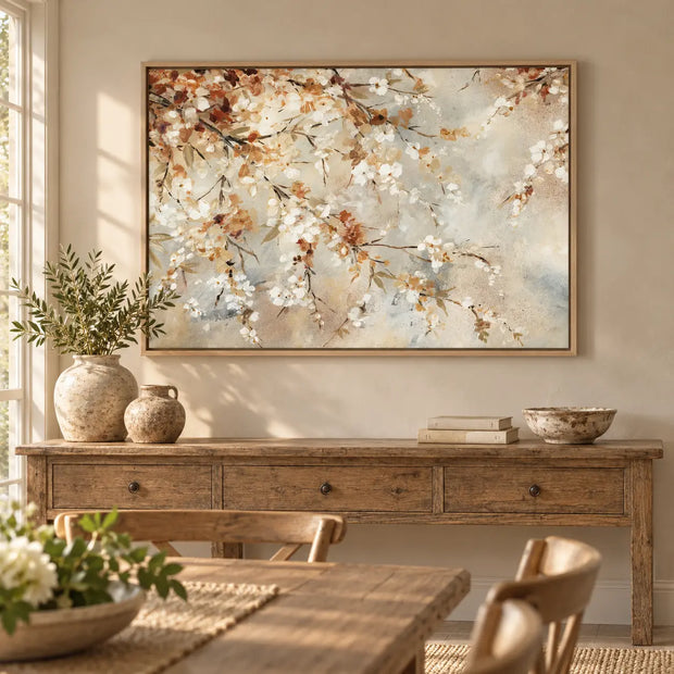 Artko New Beginnings framed canvas displayed above an aged oak console