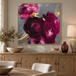 Artko Plum Ranunculus extra large framed floral canvas styled above an oak sideboard