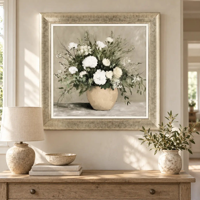 Artko Verdant Bouquet framed floral wall art styled above an oak console