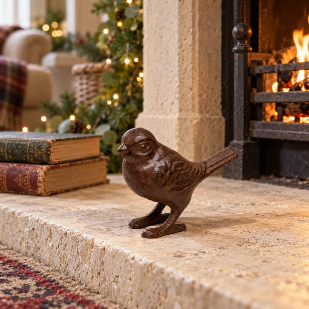 Rust Metal Iron Bird ornament displayed on a limestone hearth with subtle Christmas greenery