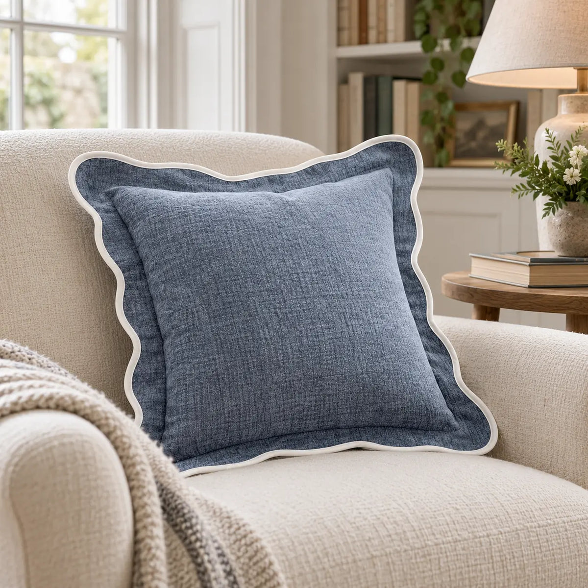 Light blue and white scalloped cushion cover by Starlight Express, soft furnishings for a cozy reading chair.