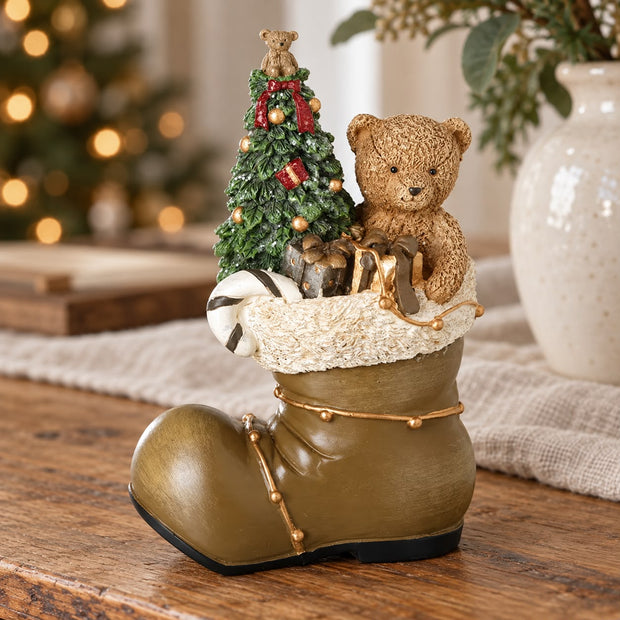 Traditional Teddy & Tree In Boot Ornament
