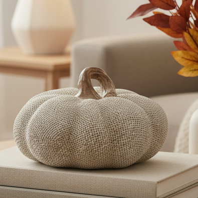Neutral Resin Hessian Effect Pumpkin, neutral textured pumpkin beside a lamp and autumn leaves