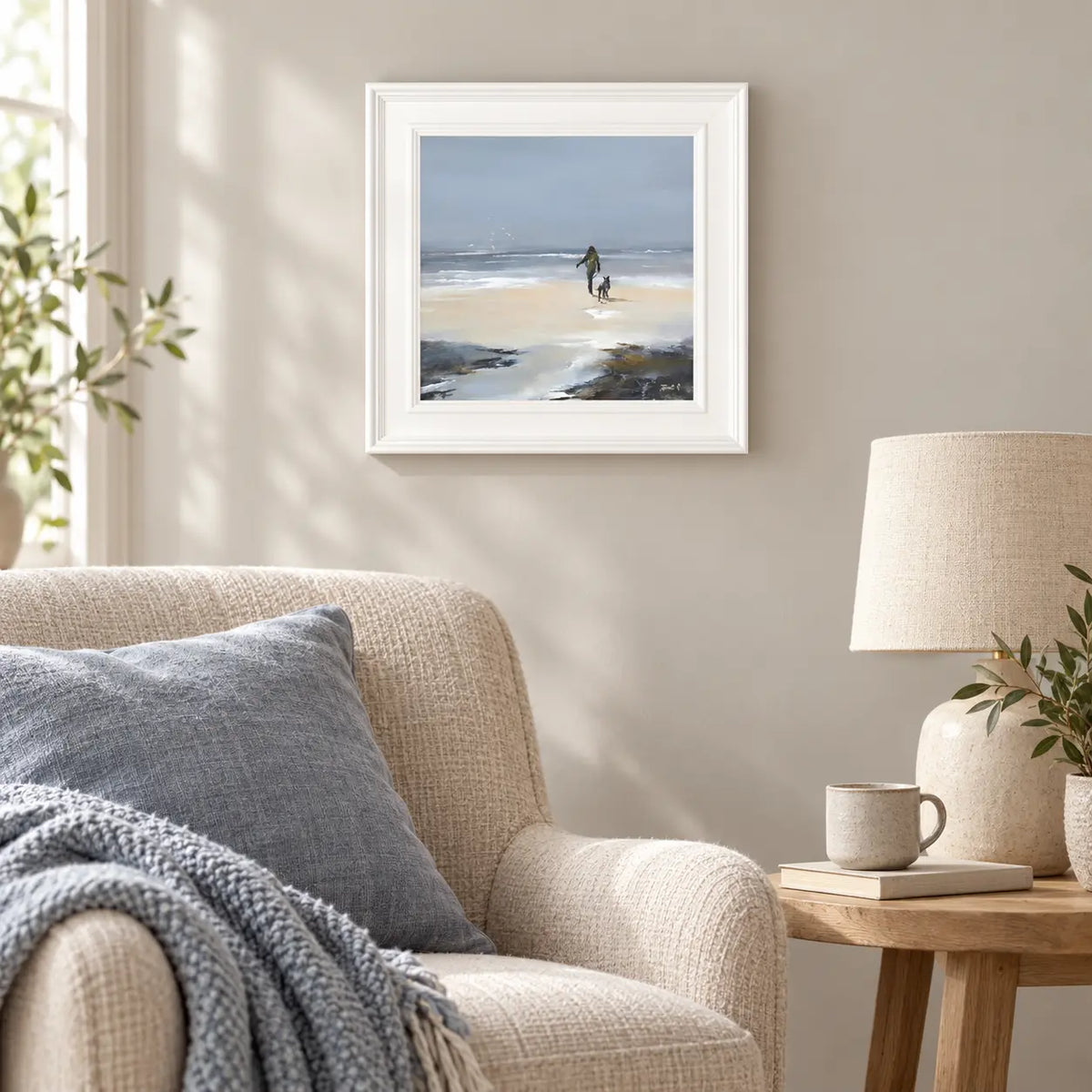 Artko Beach Walk I small framed coastal wall art styled in a reading nook