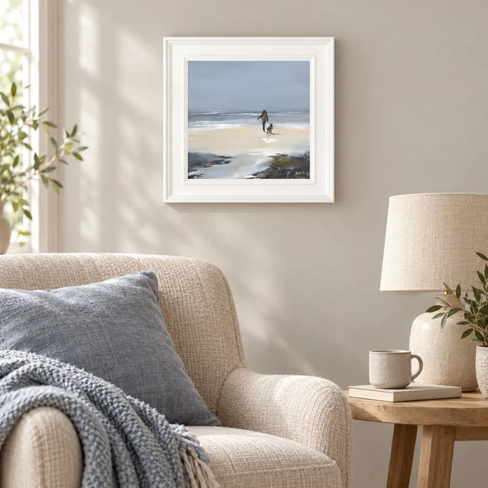 Artko Beach Walk I small framed coastal wall art styled in a reading nook