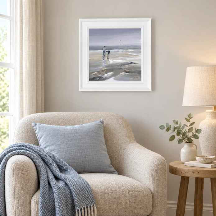 Artko Beach Walk II small framed coastal wall art styled in a reading nook