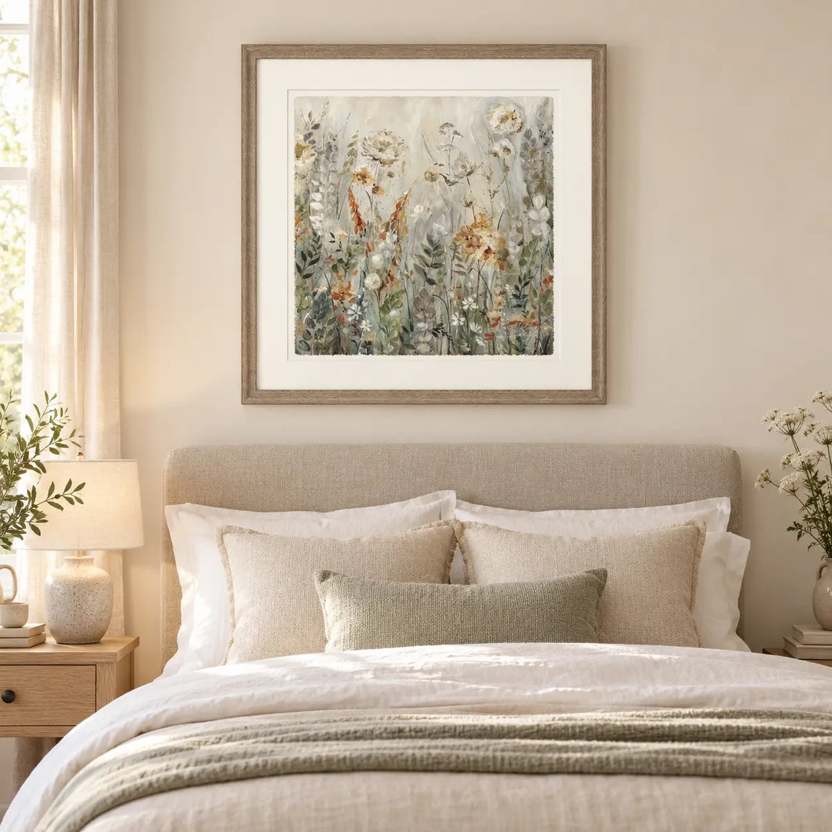 Artko Blossom large framed floral canvas styled in a neutral bedroom