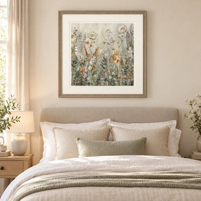 Artko Blossom large framed floral canvas styled in a neutral bedroom