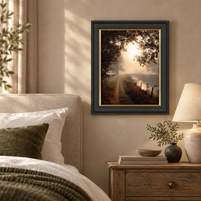 Artko Falling Light II framed woodland wall art styled in a bedroom