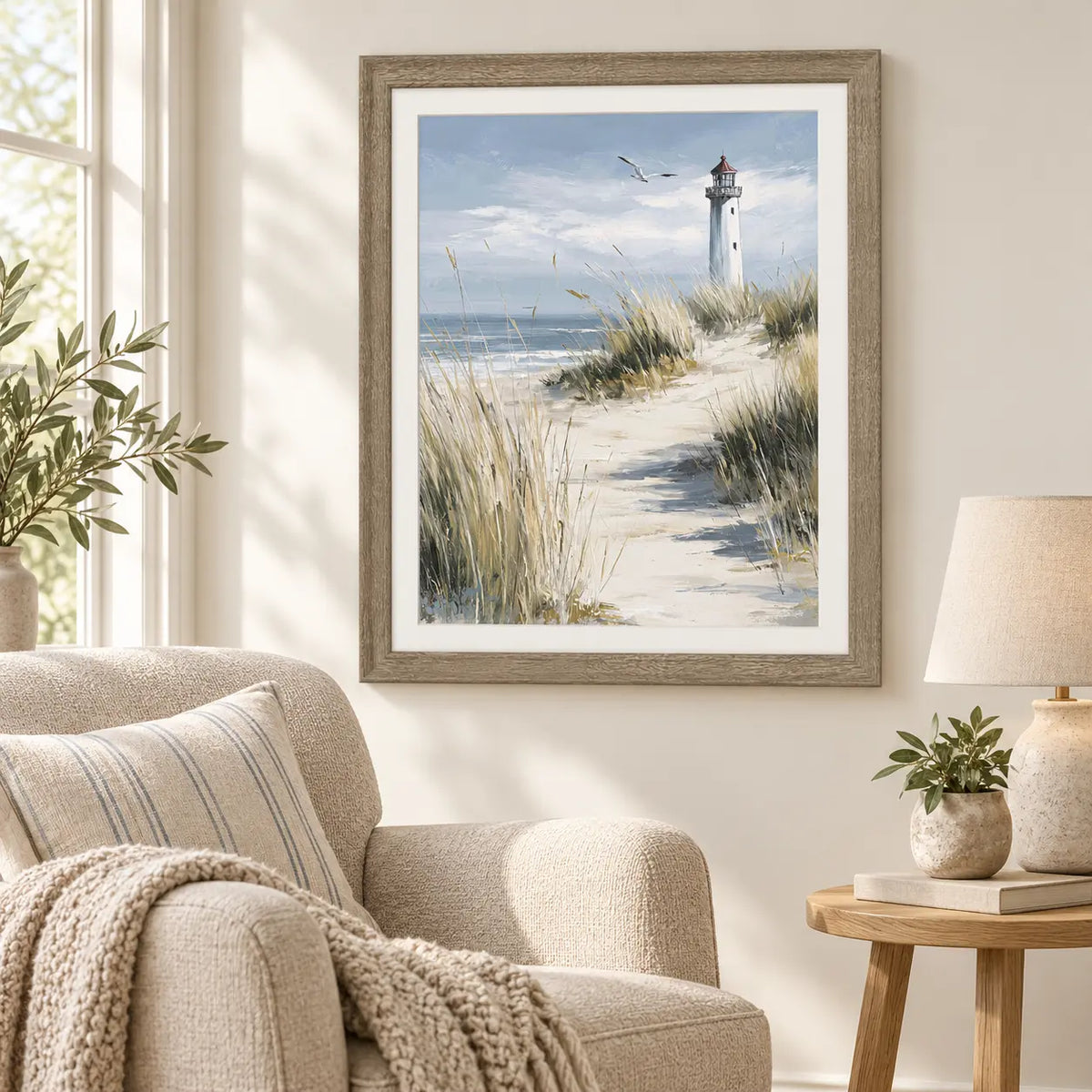 Artko Harbour Watch Lighthouse framed coastal wall art styled in a reading nook