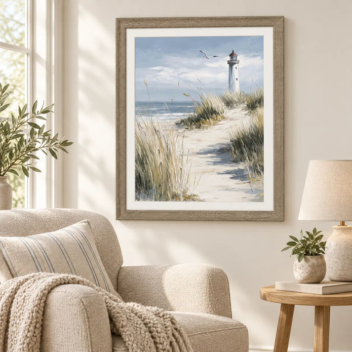 Artko Harbour Watch Lighthouse framed coastal wall art styled in a reading nook