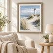 Artko Harbour Watch Lighthouse framed coastal wall art styled in a reading nook