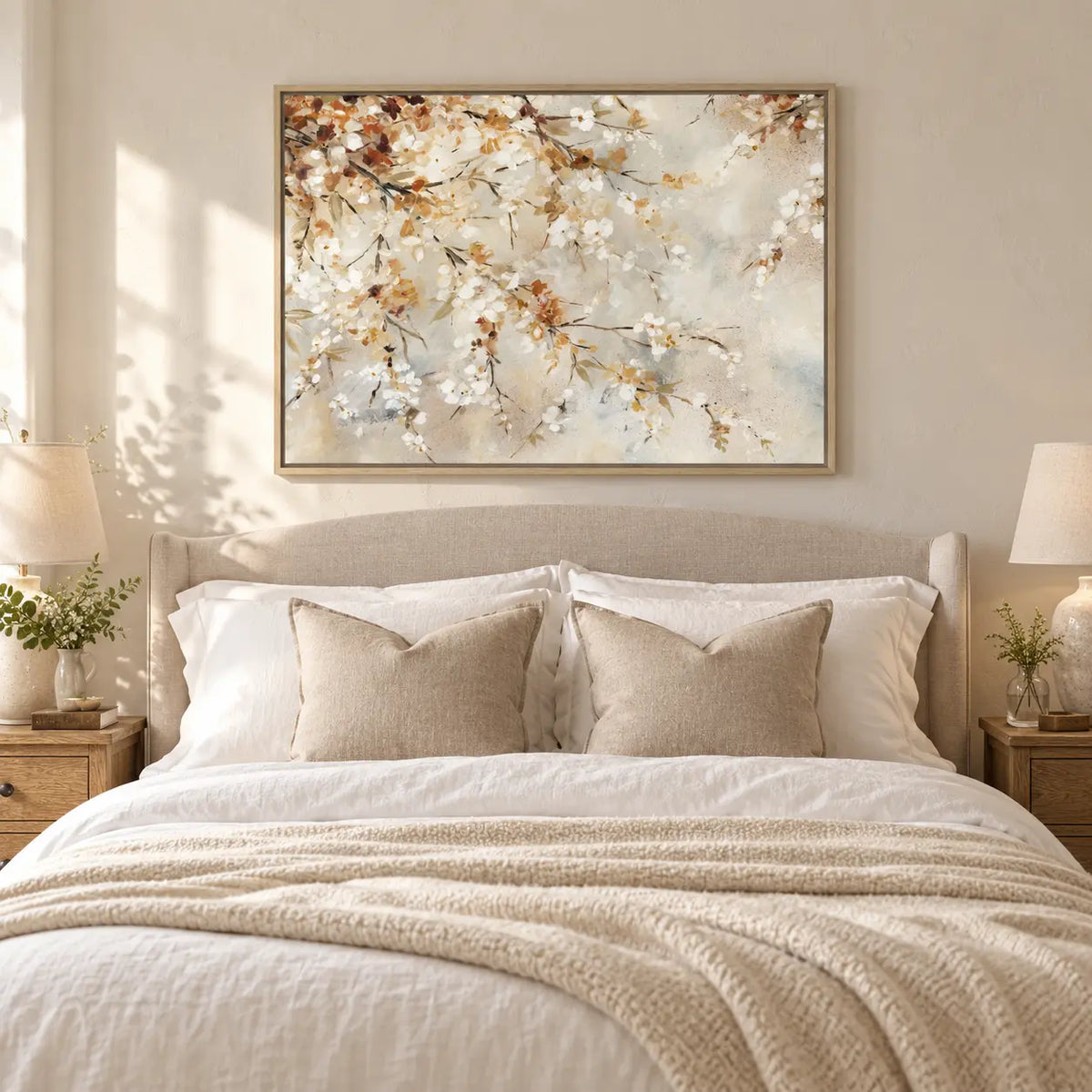 Artko New Beginnings extra-large wall art styled above a neutral upholstered bed