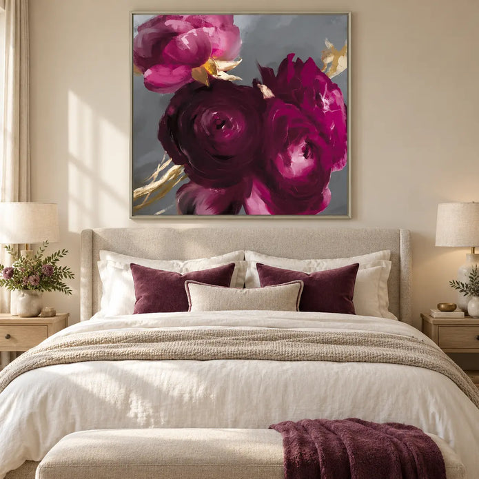 Artko Plum Ranunculus extra large framed floral canvas styled above a bed