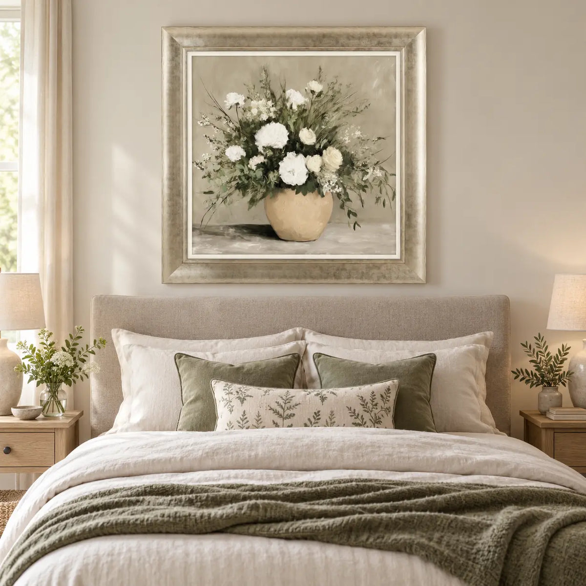 Artko Verdant Bouquet framed floral wall art styled in a neutral bedroom