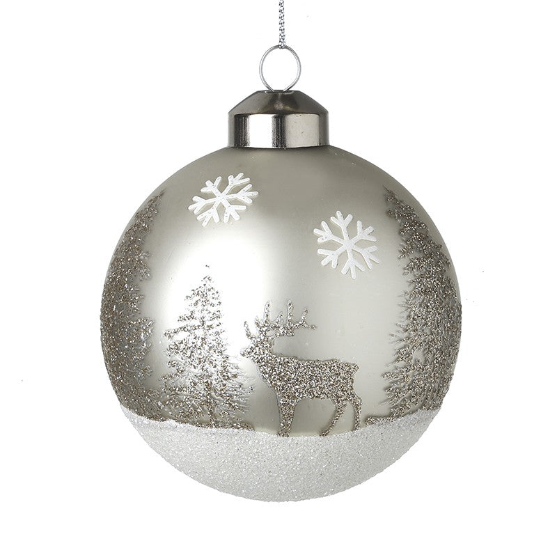 Silver glitter glass winter scene bauble with stag, fir trees, white snowflakes and snowy base