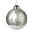 Silver glitter glass winter scene bauble with stag, fir trees, white snowflakes and snowy base