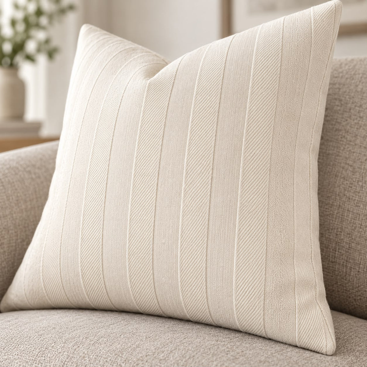 Ivory Cream Textured Stripe Velveteen Cushion Cover